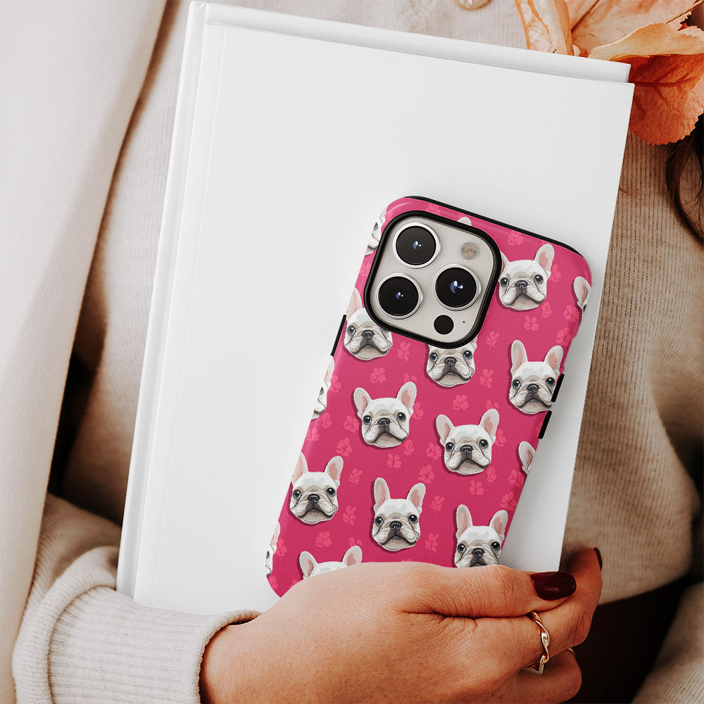 Double-Layer Semi-Handprinted Tough Matte French Bulldog Pink iPhone Case