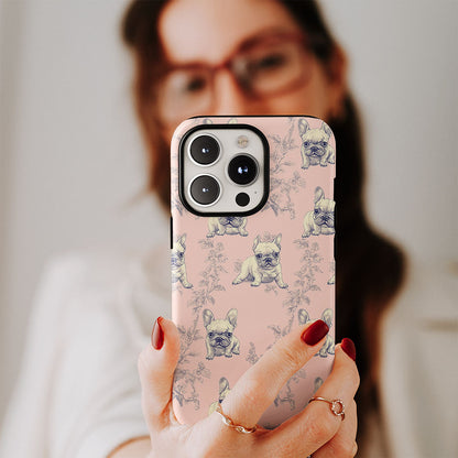 Double-Layer Semi-Handprinted Tough Matte French Bulldog Pink iPhone Case