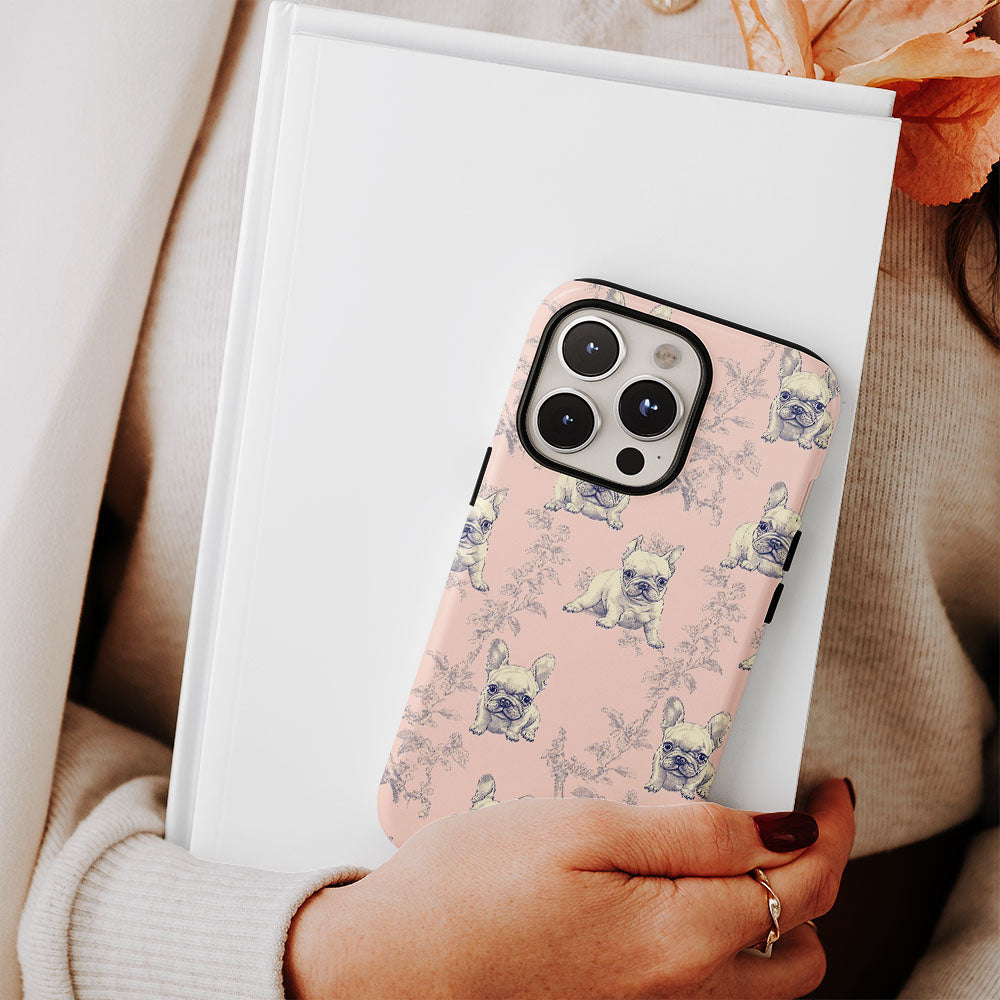 Double-Layer Semi-Handprinted Tough Matte French Bulldog Pink iPhone Case