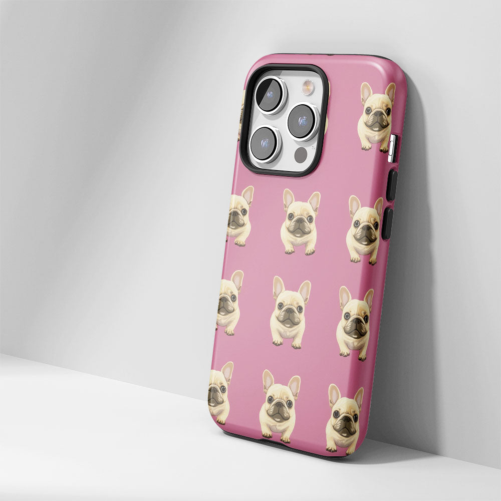 Double-Layer Semi-Handprinted Tough Matte French Bulldog Pink iPhone Case