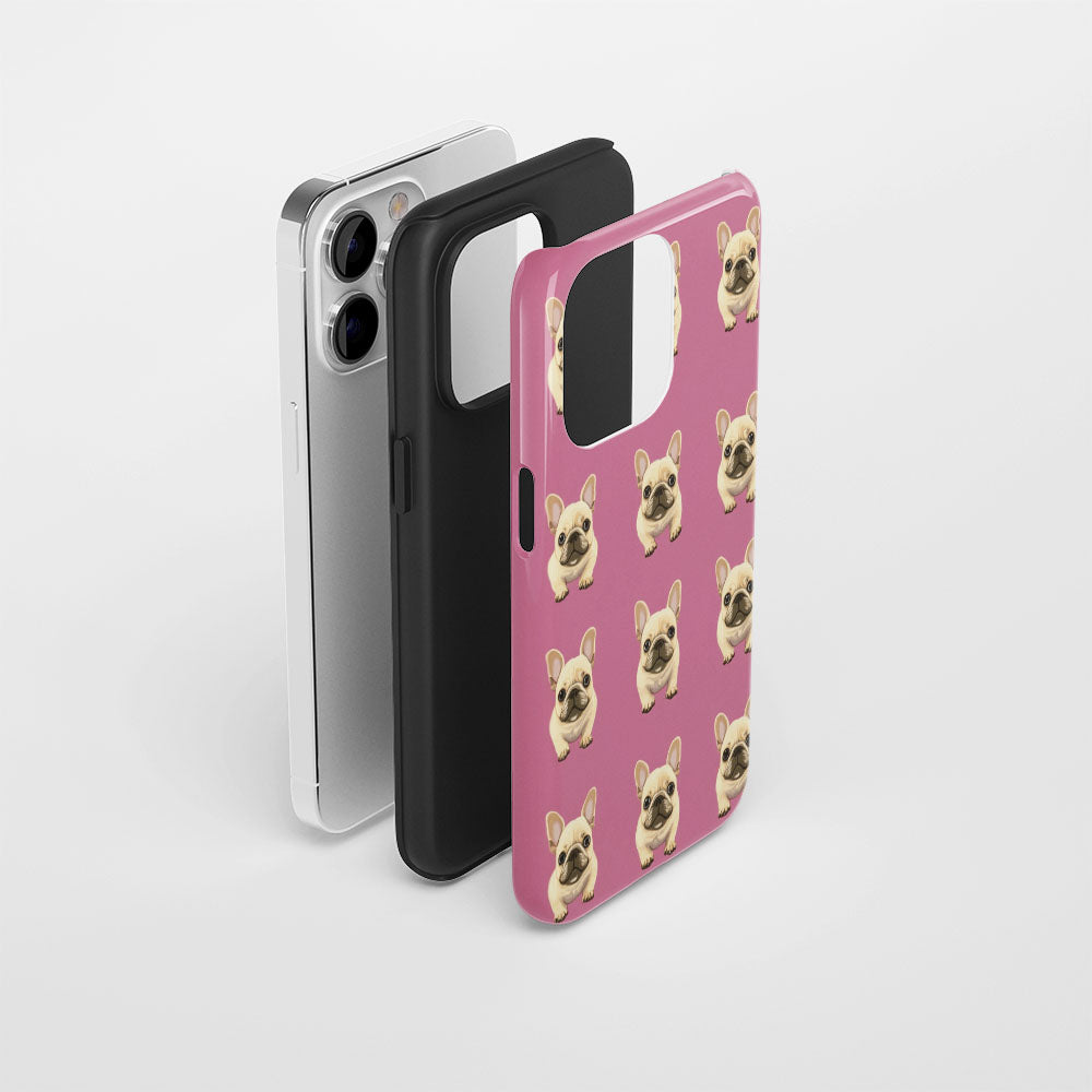 Double-Layer Semi-Handprinted Tough Matte French Bulldog Pink iPhone Case