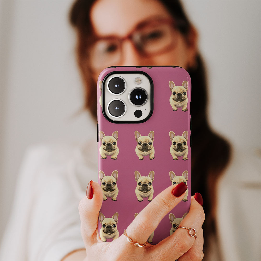 Double-Layer Semi-Handprinted Tough Matte French Bulldog Pink iPhone Case