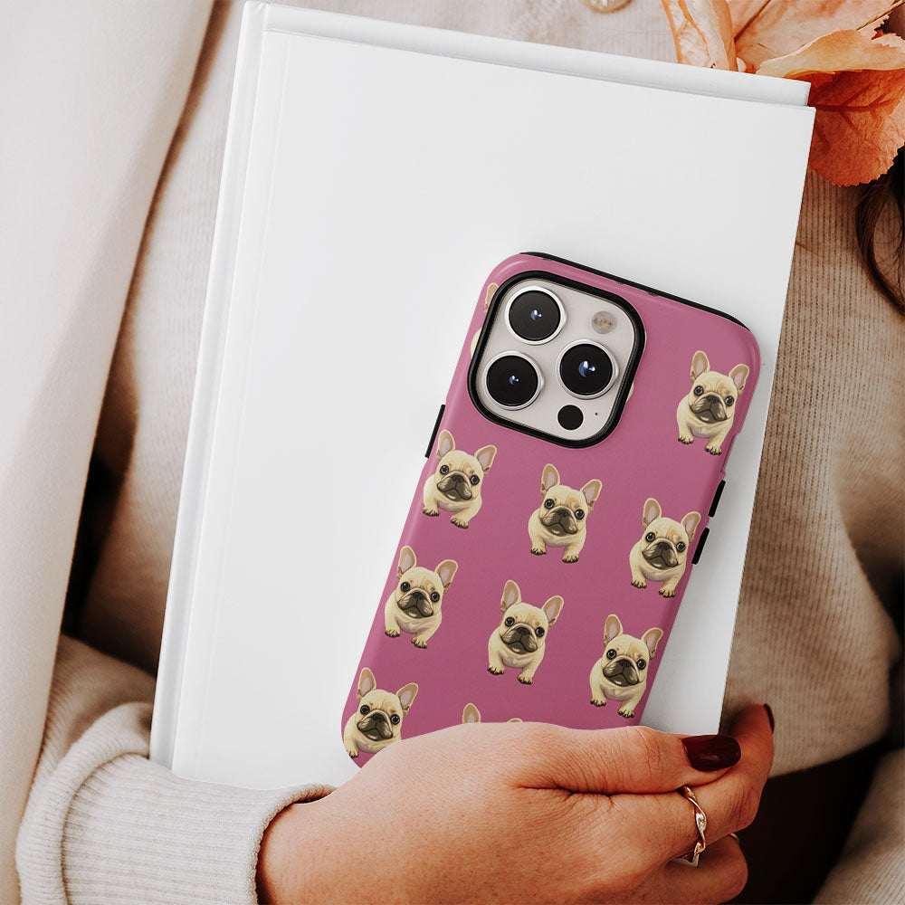 Double-Layer Semi-Handprinted Tough Matte French Bulldog Pink iPhone Case