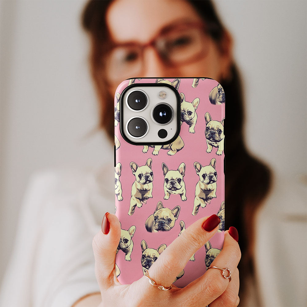 Semi-Handprinted Tough Matte French Bulldog Pink iPhone Case